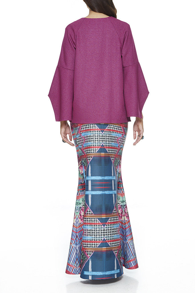 PURPLE SERAI - MODERN GLITTERY FABRIC BAJU KURUNG WITH COLOURFUL BUTTERFLY AND FLORAL PATCHES (PURPLE)