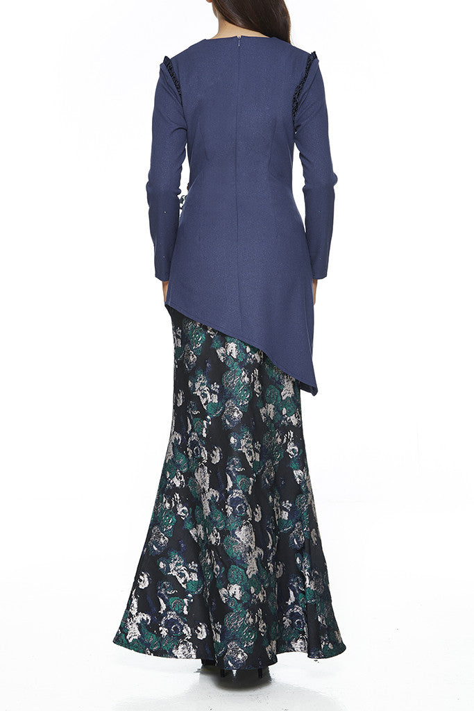 BLUE LAWANG - HEAVILY EMBELLISHED WITH SEQUIN FLOWERS AND STONES ASSYMETRICAL MODERN BAJU KURUNG WITH SIDE GATHERS ON THE WAIST (BLUE)