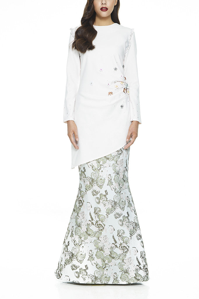 MODERN BAJU KURUNG | WHITE LAWANG - HEAVILY EMBELLISHED WITH SEQUIN FLOWERS AND STONES ASSYMETRICAL (PINK) by EMEL BY MELINDA LOOI