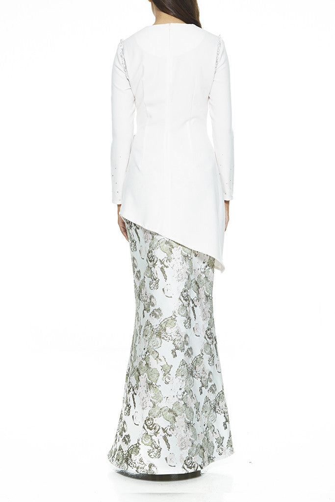 WHITE LAWANG - HEAVILY EMBELLISHED WITH SEQUIN FLOWERS AND STONES ASSYMETRICAL MODERN BAJU KURUNG WITH SIDE GATHERS ON THE WAIST (WHITE)