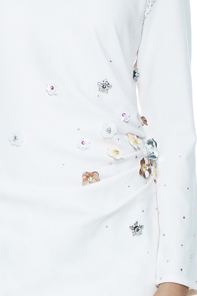 WHITE LAWANG - HEAVILY EMBELLISHED WITH SEQUIN FLOWERS AND STONES ASSYMETRICAL MODERN BAJU KURUNG WITH SIDE GATHERS ON THE WAIST (WHITE)
