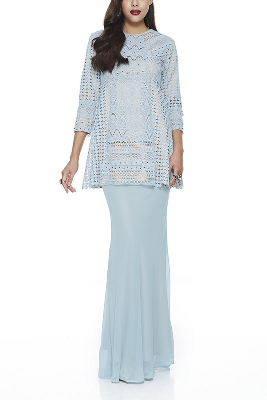 MODERN BAJU KURUNG | BLUE HALBA -  3 DIFFERENT LACE CROCHET PANELLING AND SUPER FLATTERING CHIFFON BIAS SKIRT (TURQUOISE) BY EMEL BY MELINDA LOOI