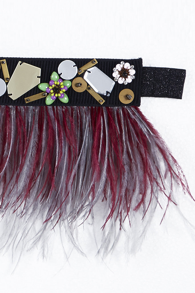 RED DELIMA - FEATHER BELT WITH METAL FLOWERS, ACRYLIC MIRRORS AND BEADING DETAILS (MAROON)