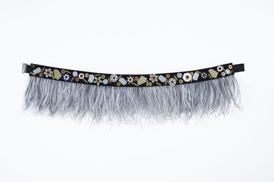 WHITE DELIMA - FEATHER BELT WITH METAL FLOWERS, ACRYLIC MIRRORS AND BEADING DETAILS (WHITE)