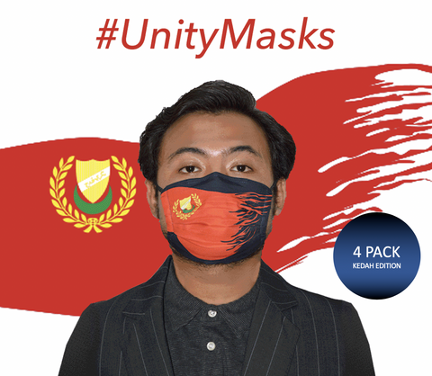#UnityMasks - Kedah Edition Reusable Face Masks (4 Pack: Kedah Flag, Malaysian Flag, Blue & Black Frontliner Flags)